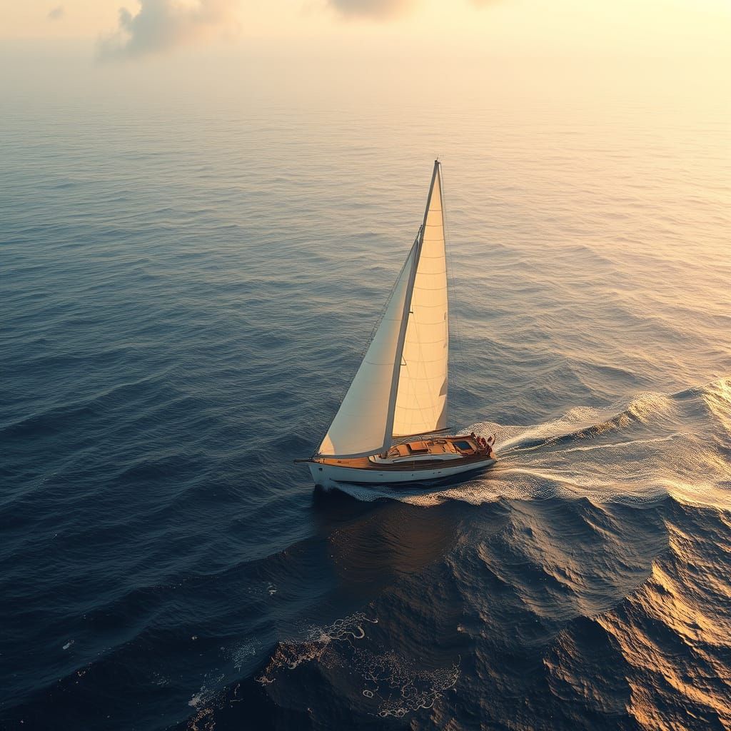 On ocean's expanse, a lone craft,
White sails unfurled, no hand at the helm.
A silent dance with waves and wind,
A spiri...