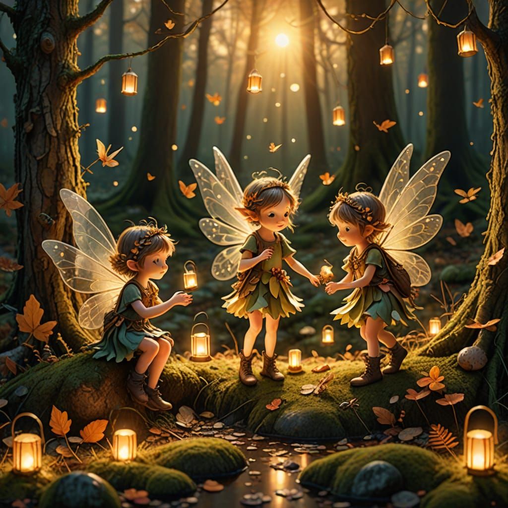 Fall Fairies Playing in Enchanted Woods at Sunset