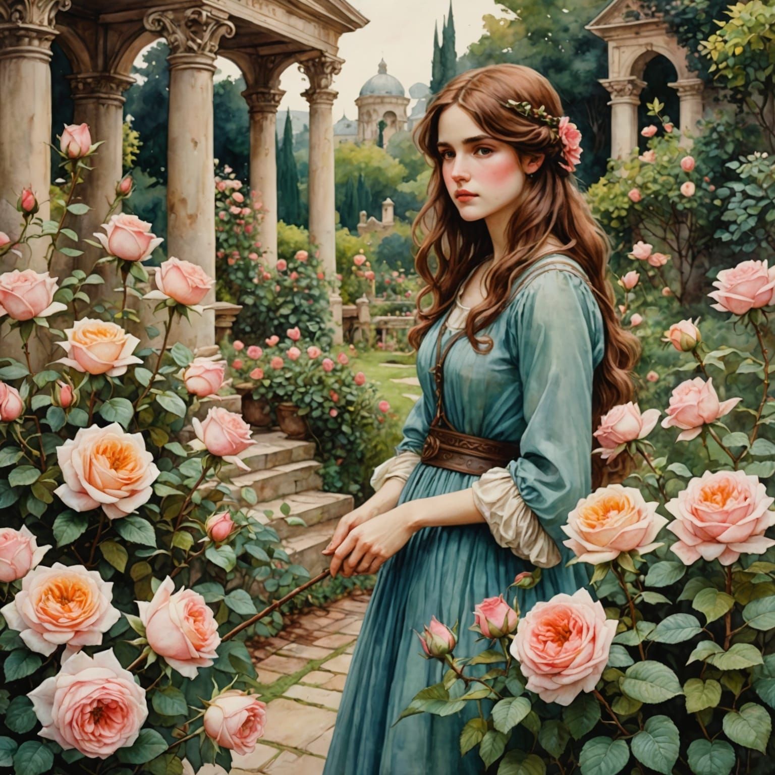 Watercolor Rose Garden in Anime Style