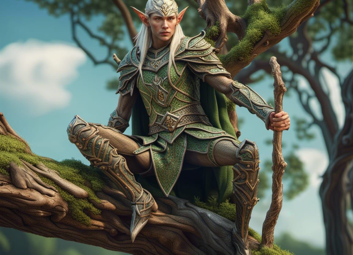 Detailed Elven Warrior on Branch in Hyperrealism