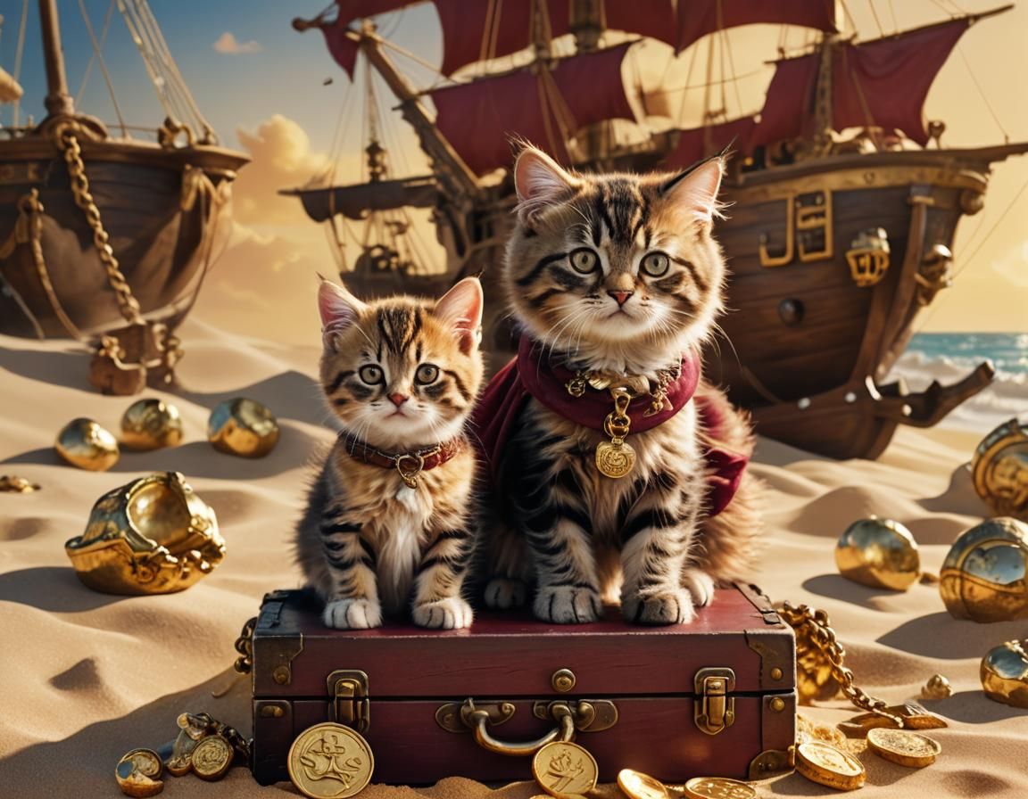 Pirate Kitten on Treasure Chest, Hyperrealistic Digital Art