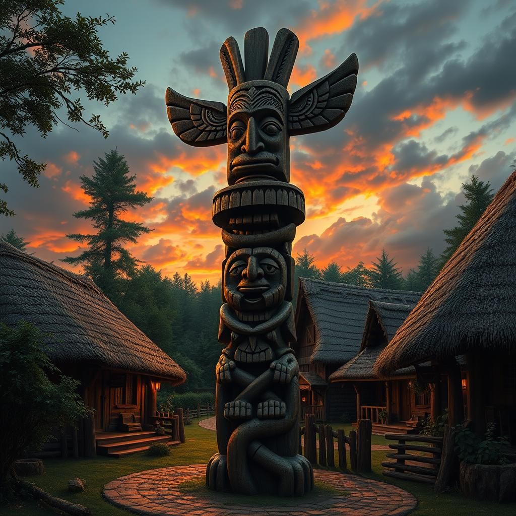 Totem Carving in Wood Village at Sunset