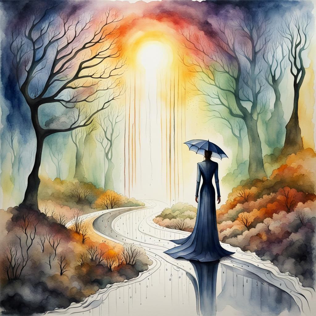 Surreal Alien Landscape with Woman in the Rain