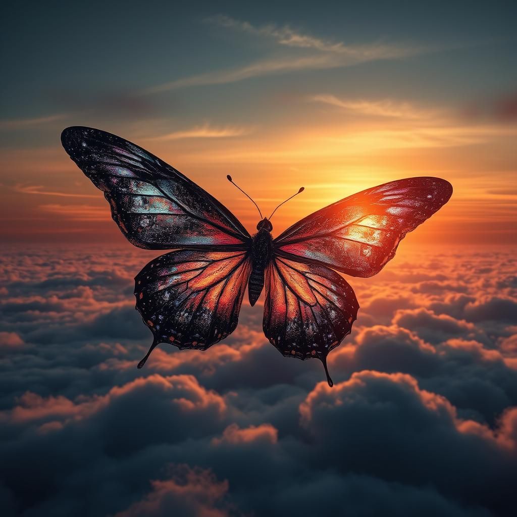 Iridescent Butterfly Soaring Above Cloudscape in Sunset