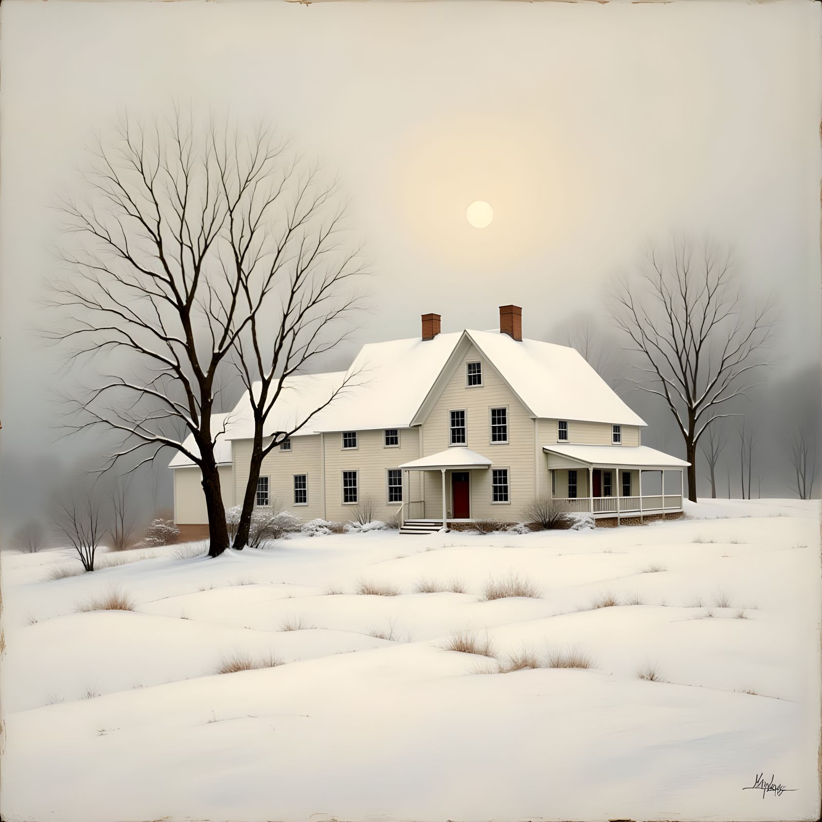 Winter Farmhouse in Snowy Pastel Landscape