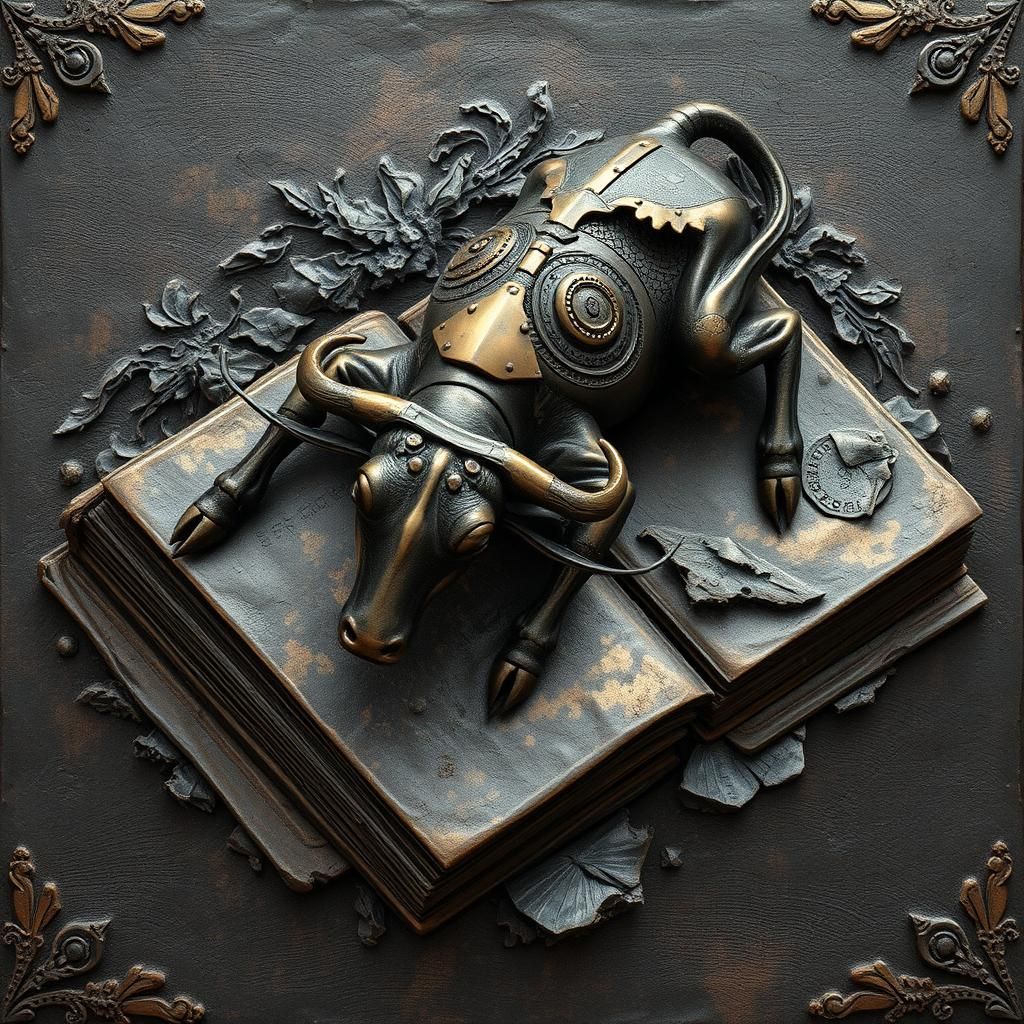 Bronze Cow Sculpture on Ancient Book in Surrealist Style
