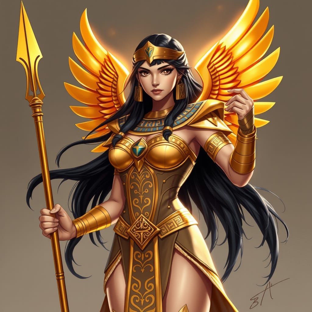 Egyptian Goddess Superhero in Golden Armour with Wings and S...
