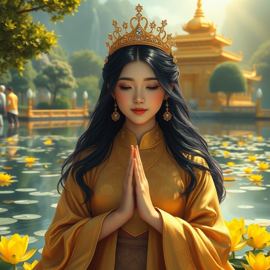 Asian Woman in Golden Costume, Detailed Matte Painting