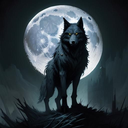 Dramatic Moon Wolf in Engraving Style
