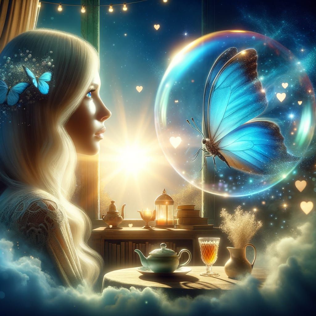 Ethereal Portrait with Butterfly in Cozy Living Room