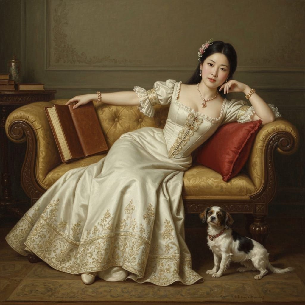 Victorian Lady Reading with Dog in Classical Oil Painting