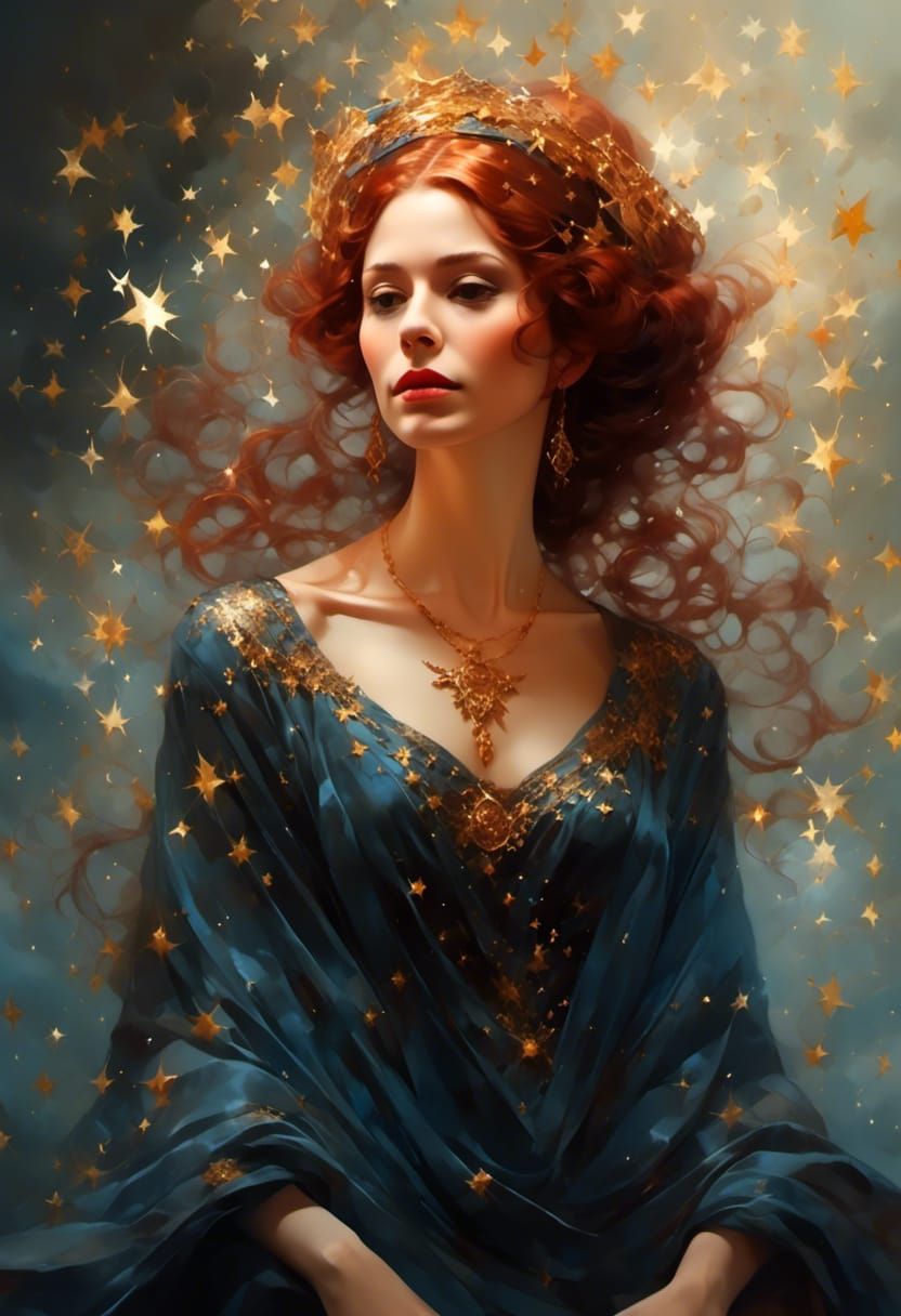 Woman in Starry Headscarf: Hyperrealistic Fantasy Portrait