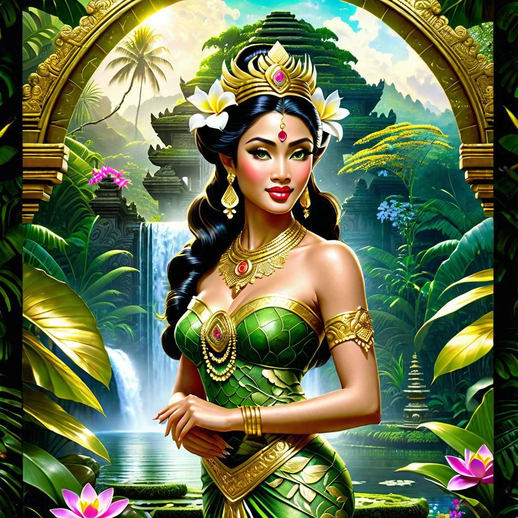 Beautiful Balinese princess in the jungle of Bali, Old Balinese temple