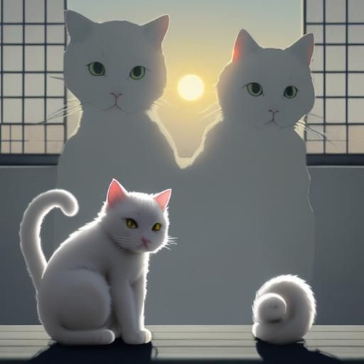 Cute White Cat with Shadow Figure in Anime Style