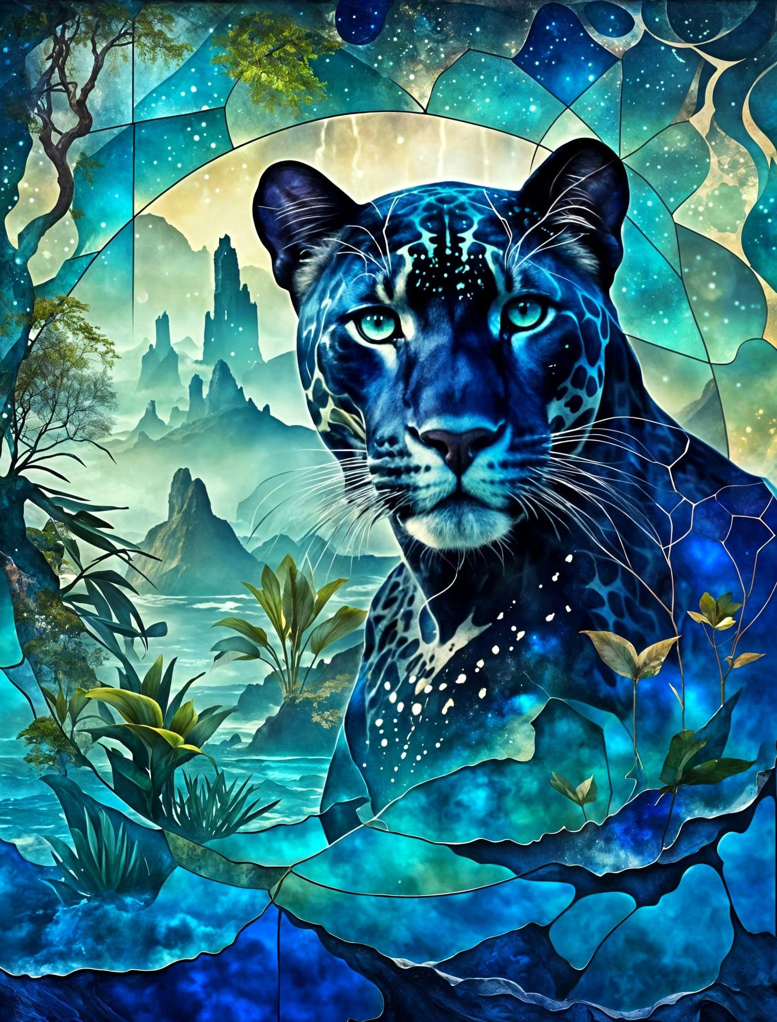 Tribal Panther Double Exposure with Cosmic Waterfall