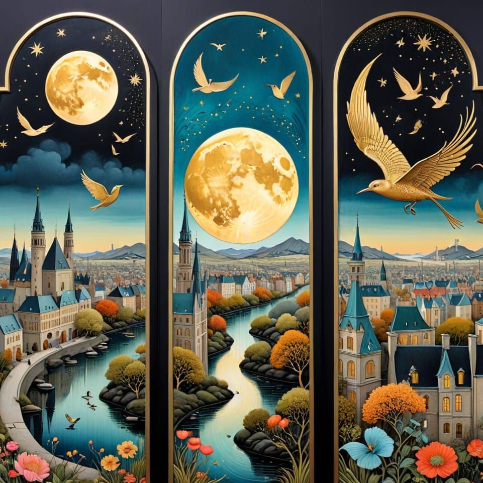 Vertical triptych, same size panels black framed, of a beaut...