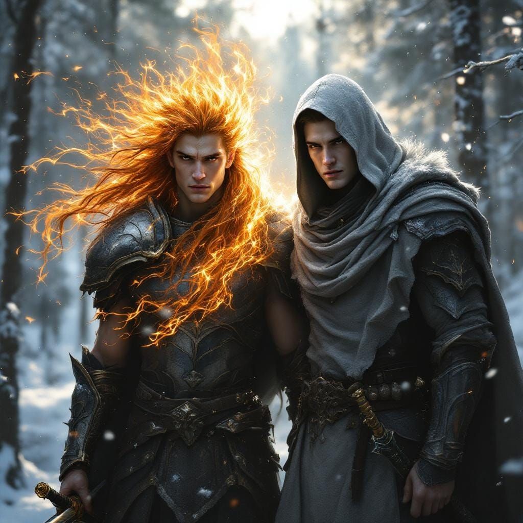 Elven Gods of Fire and Shadow in Oil Painting Style