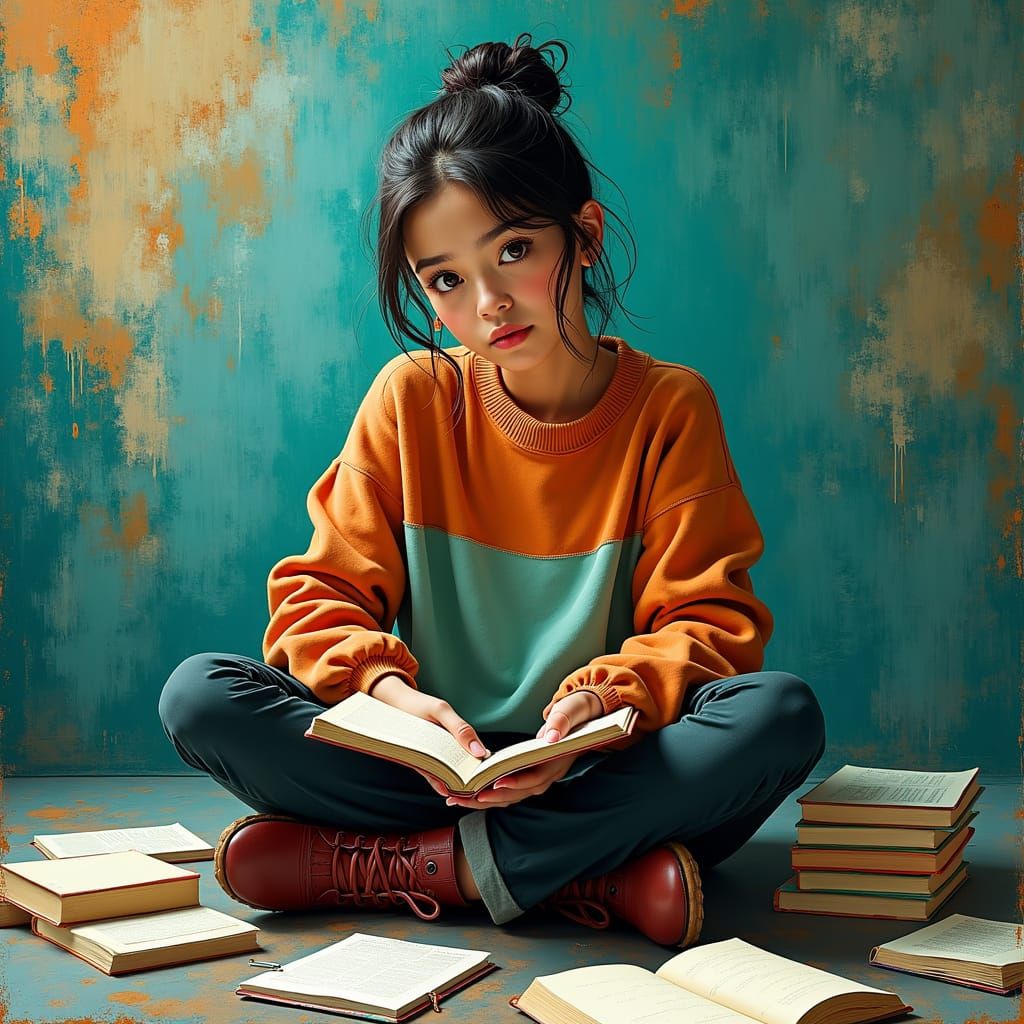 Sofia Studying Amidst Abstract Patterns