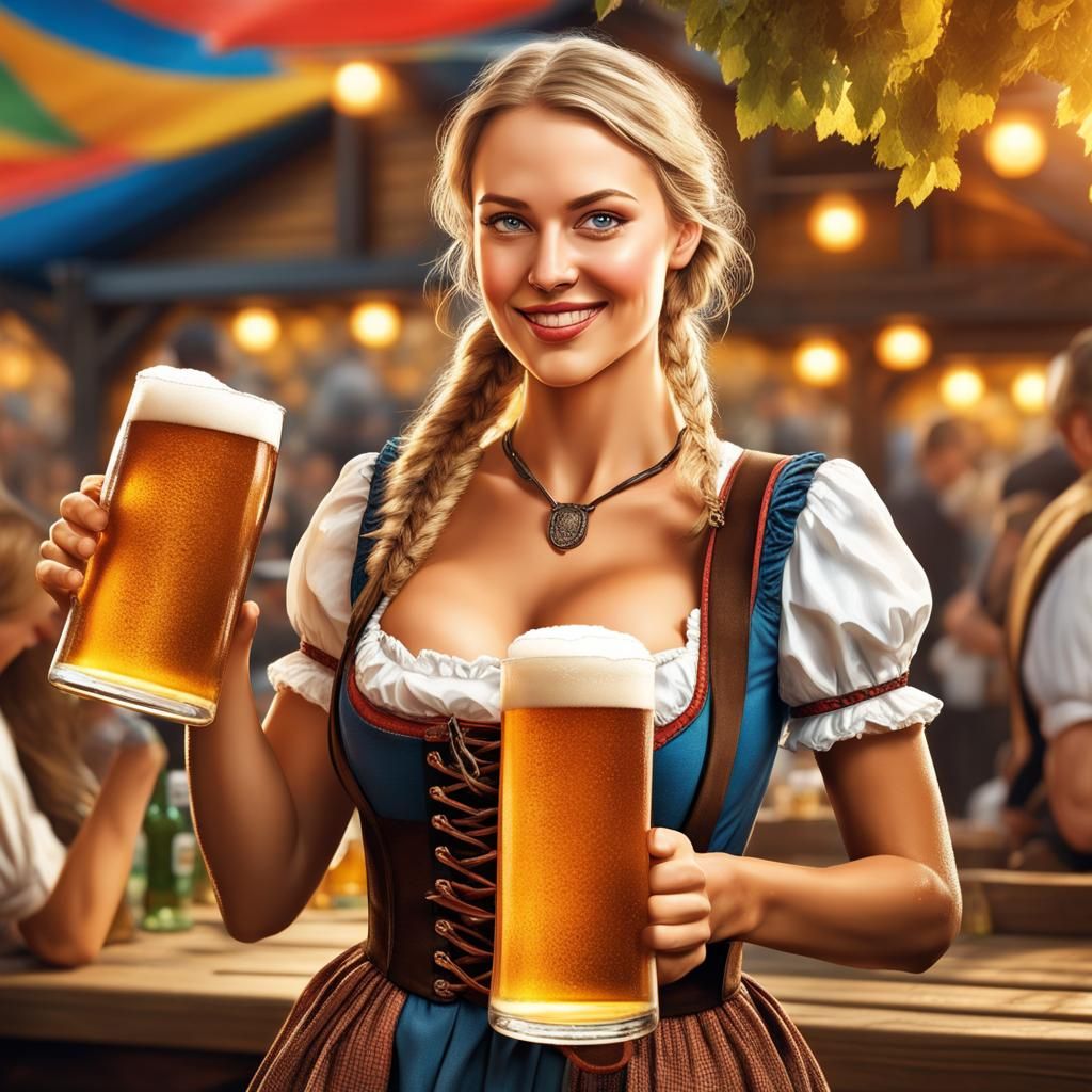 Oktoberfest Beer Garden With Barmaid: Hyperrealistic Art