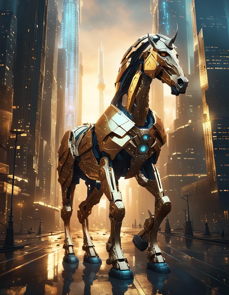 Cyberpunk Horse with Diamond Armor in Metropolis