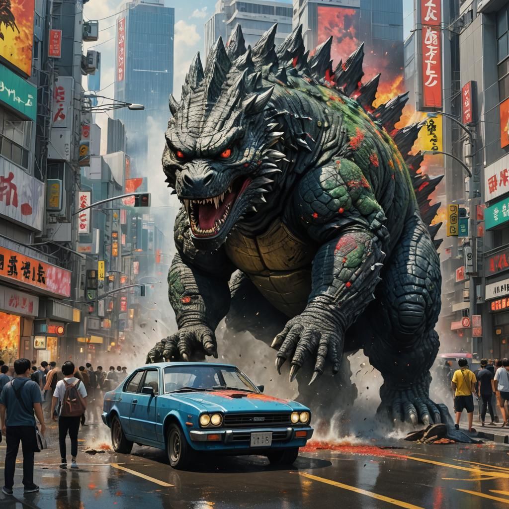 Godzilla Eats Car in Shibuya: Hyperrealistic Concept Art
