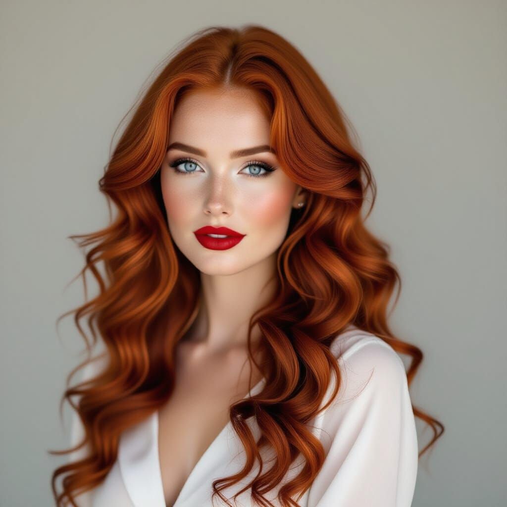 Beautiful Irish Woman with Red Curly Hair and Striking Makeu...