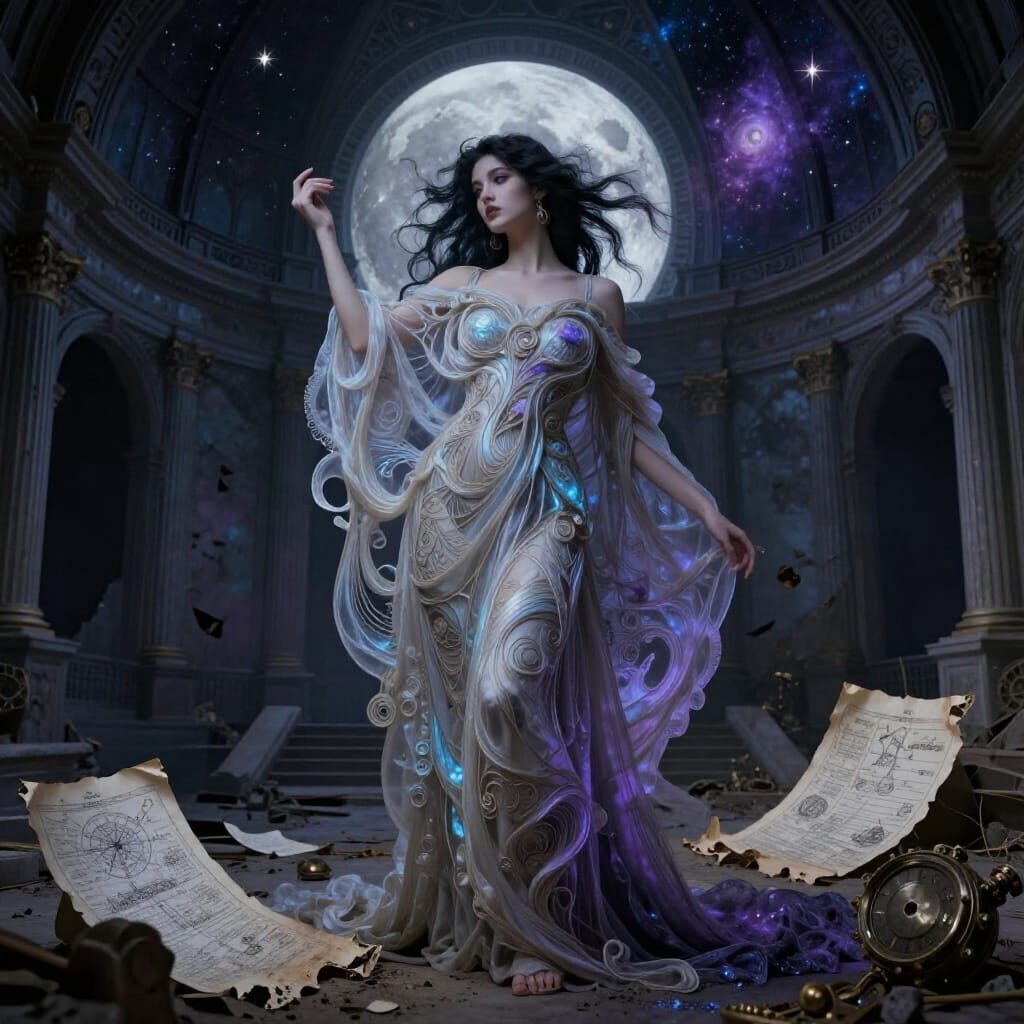 Ethereal Fashion Model in Cosmic Observatory Ruins