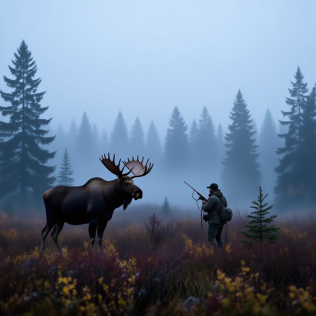 Moose and Hunter in Autumn Fog