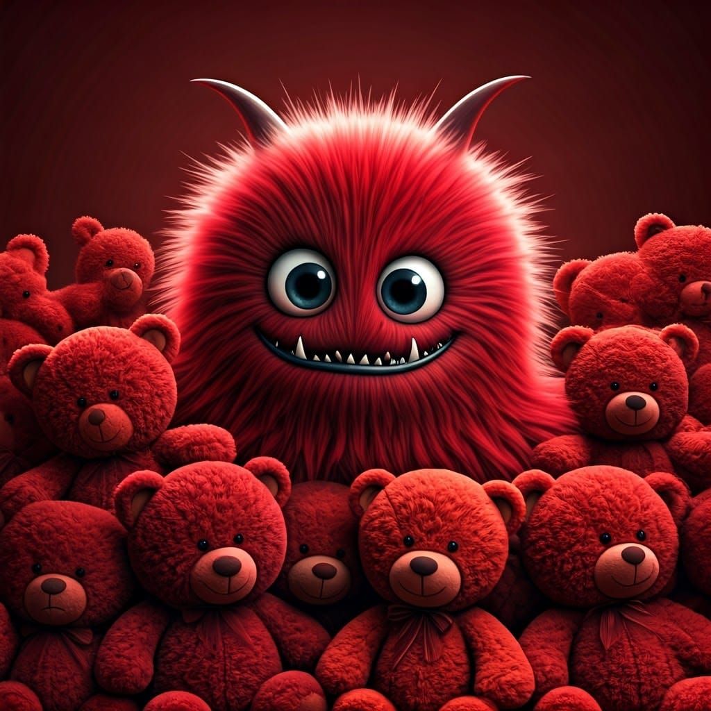 Crimson Red Monster Hides Among Adorable Teddy Bears in Fant...