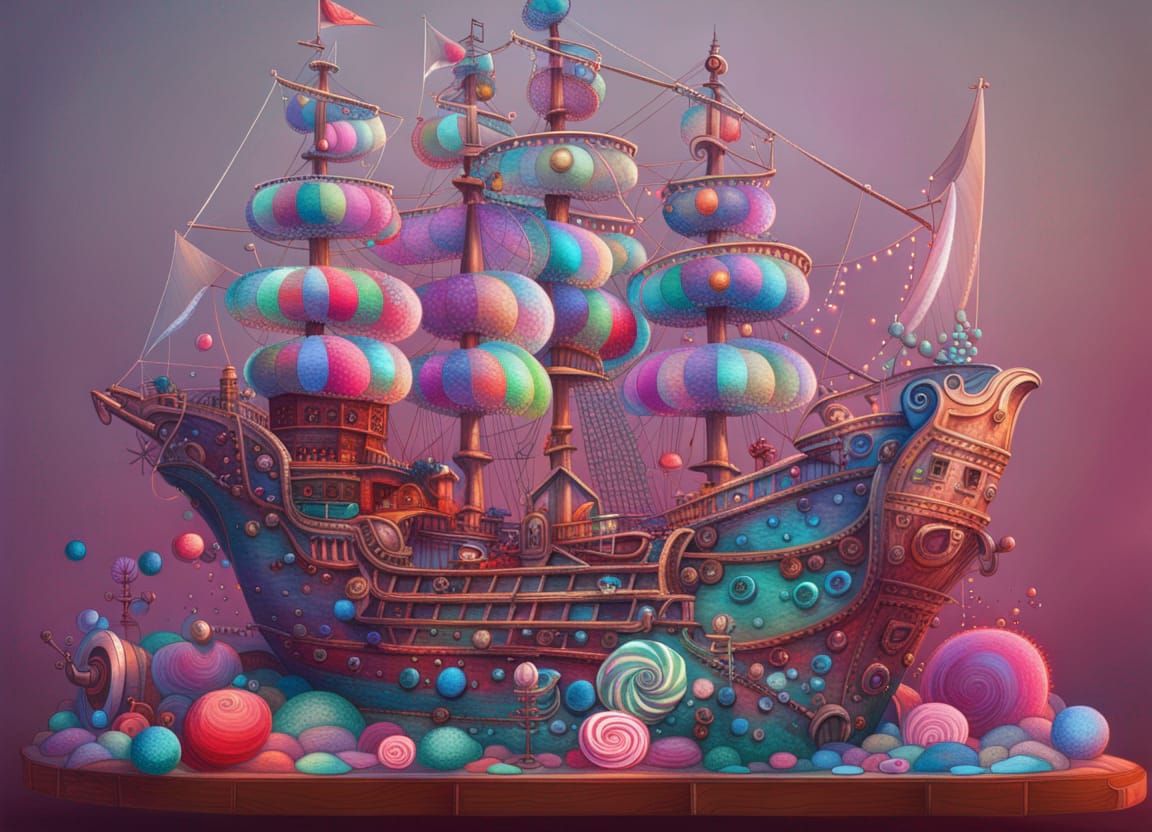 pirate ship " luminescent sparkly shiny intricate blue red green purple pink Candy art style! Whimsical playful colorful...