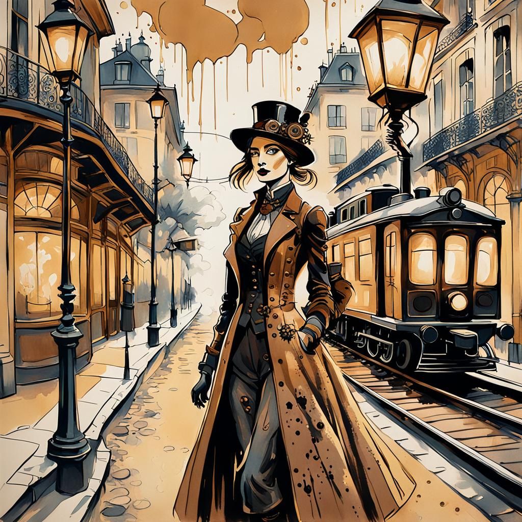 Steampunk Parisian Girl in Ink Painting