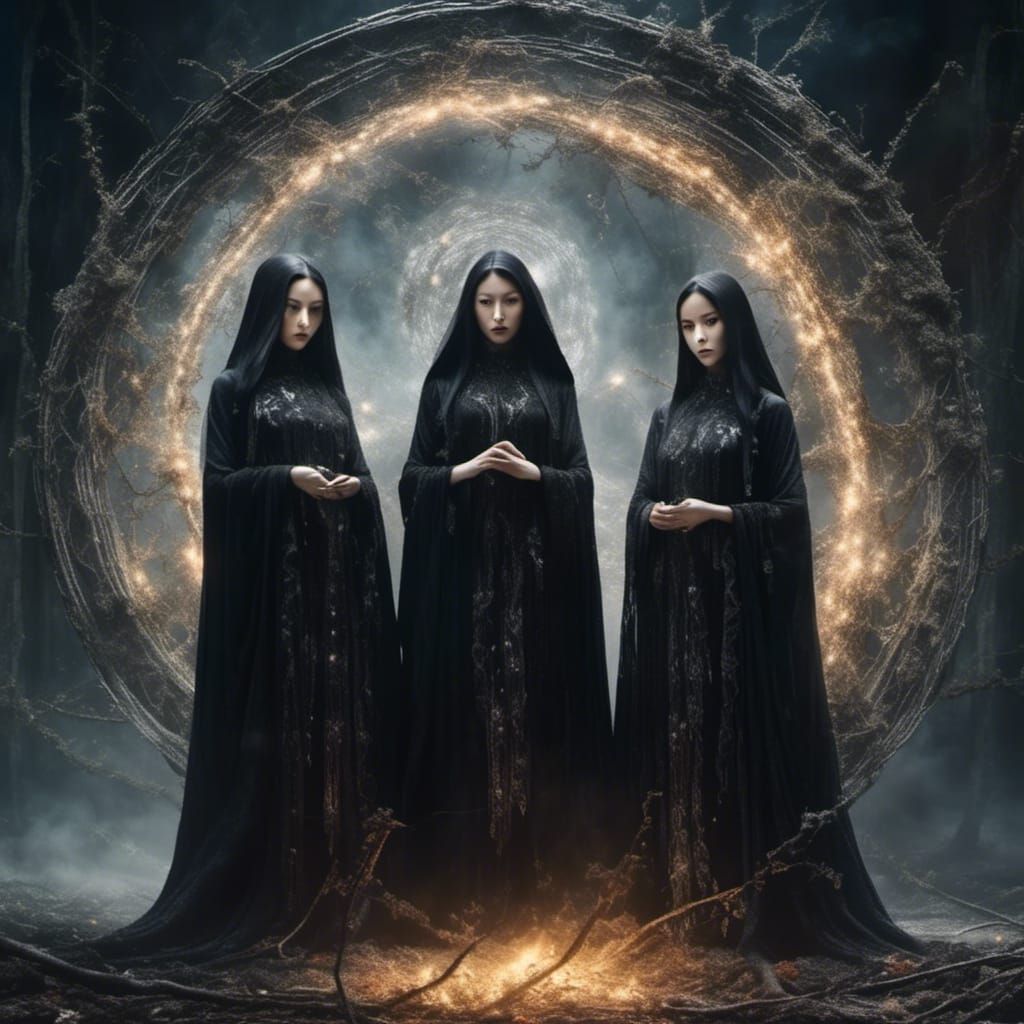 <lora:Dark fantasy realism:1.0> An ultra-realistic and ultra-detailed picture of three women wizard standing in a  magic...