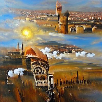 Steampunk Florence Oil Painting in Morning Light