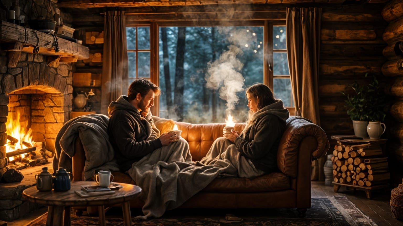 Cozy Cabin Evening: Intimate Fireside Moment