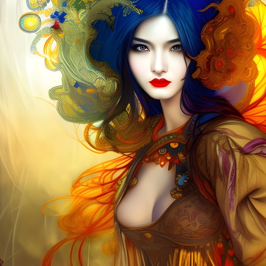 Beautiful Asian Witch in Dreamy Scenic Illustration