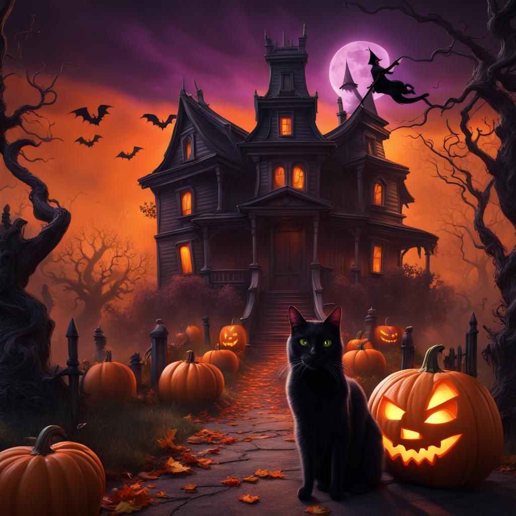 Halloween orange, black, and purple, with a witch on a broom, a black cat, pumpkins, and a haunted house.