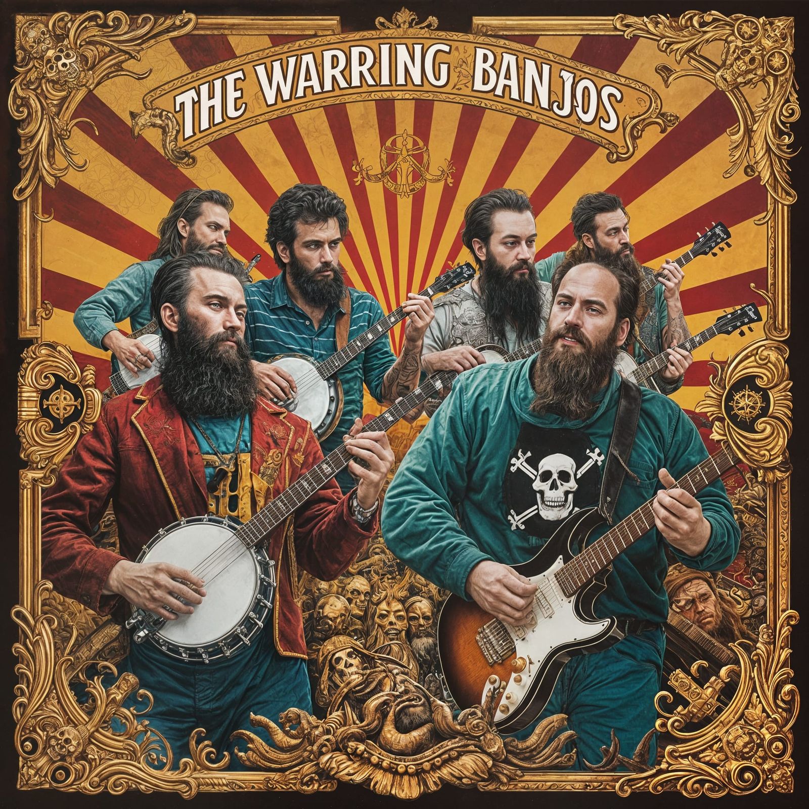 Made up record cover, men with beards playing banjos and ele...
