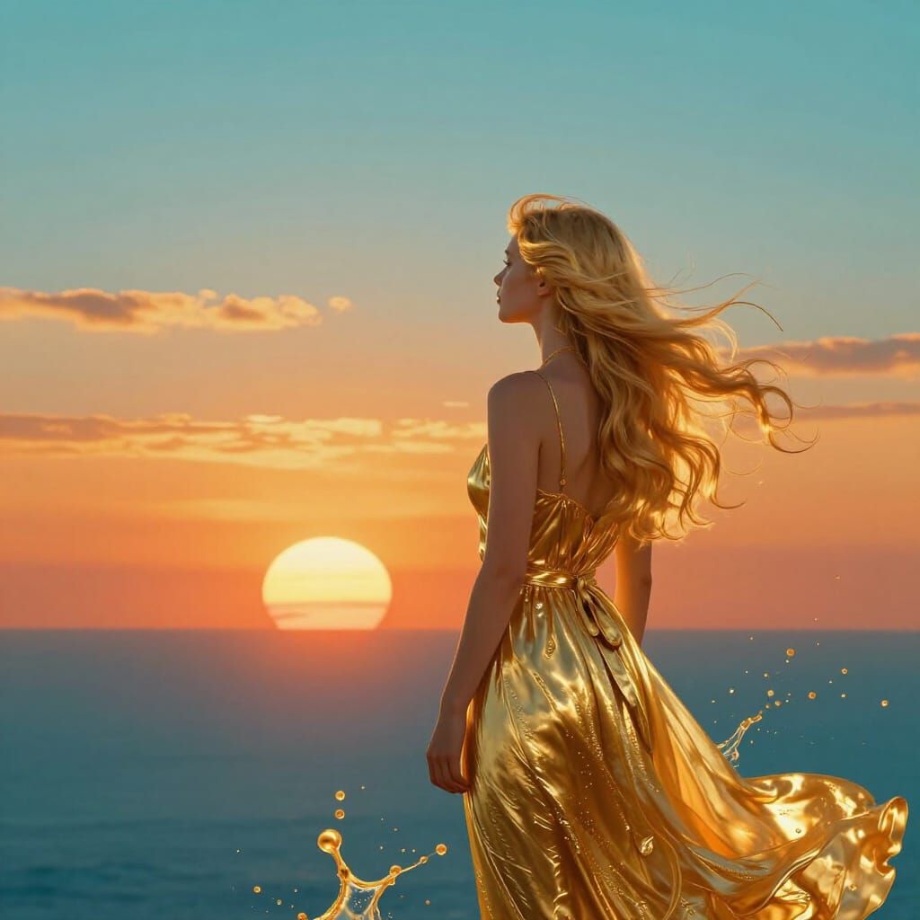 Golden Woman in Golden Dress Watching Sunset