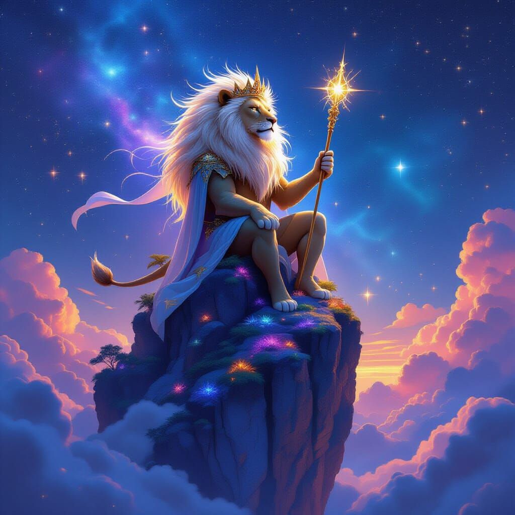 Cosmic Lion King on Floating Mountain in Art Nouveau Style