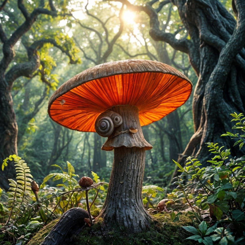 Snail on Mushroom in Fairytale Forest, Detailed Fantasy Art