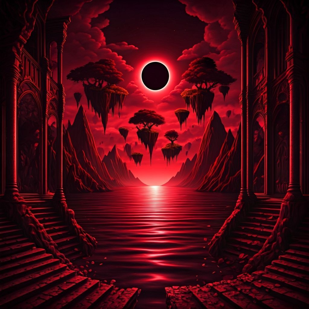 Dreamlike Red Landscape with Floating Mountains as Surreal A...