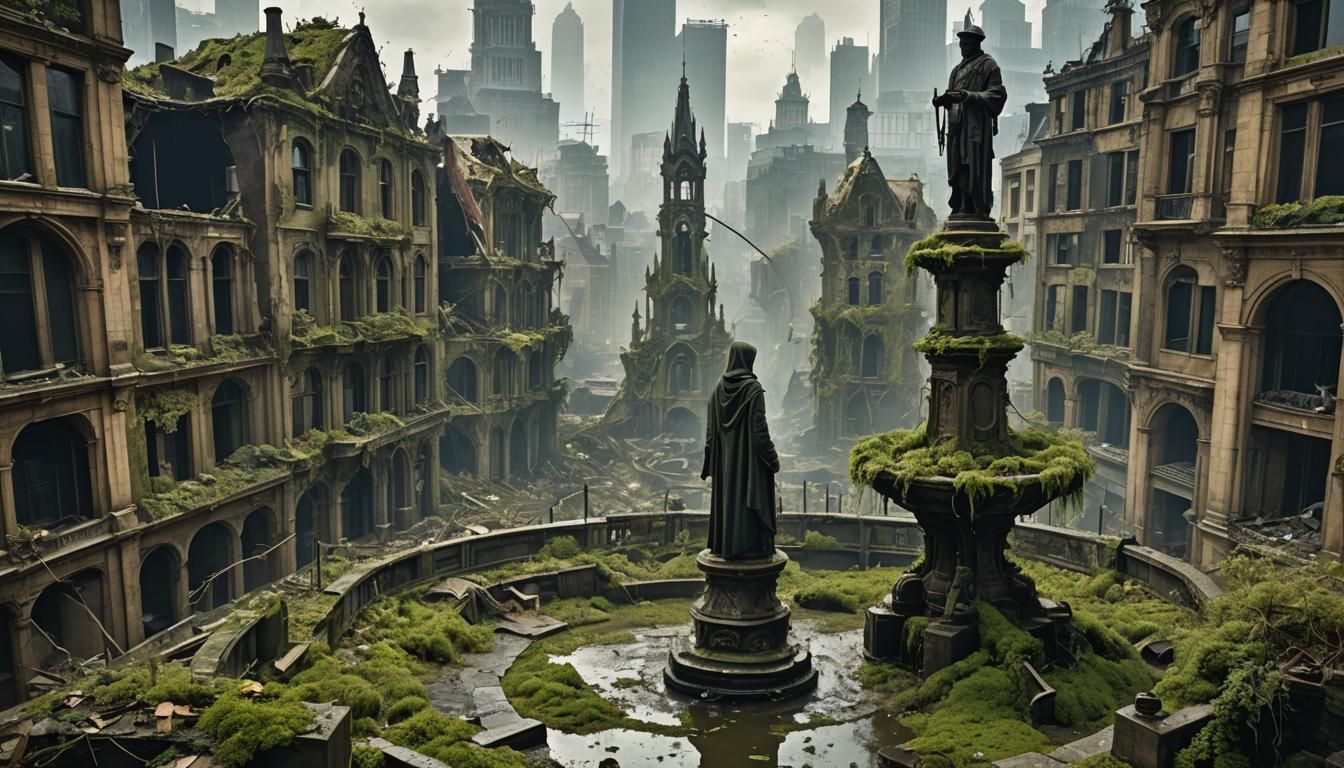 Victorian Figure in Ruined Cityscape, Art Nouveau Style