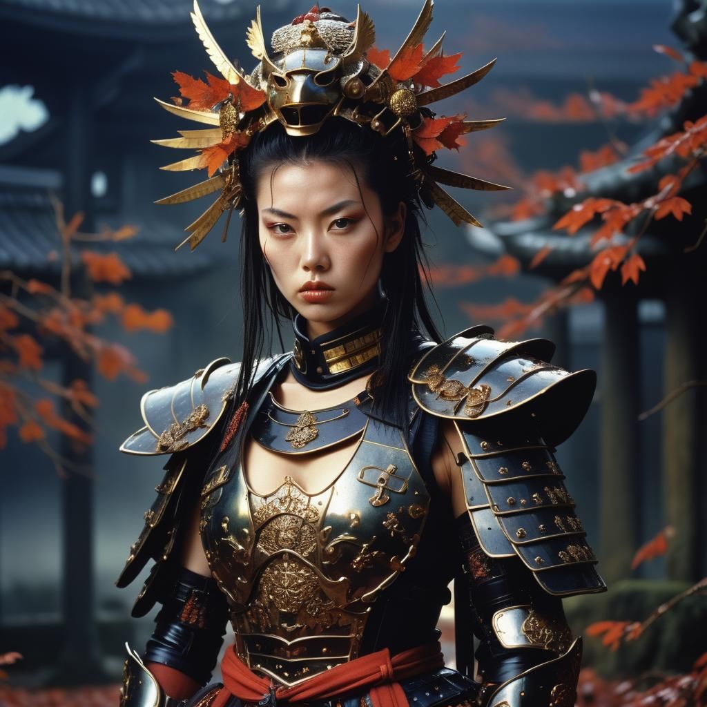 Armored Samurai Queen Portrait in Dark Romanticism Style