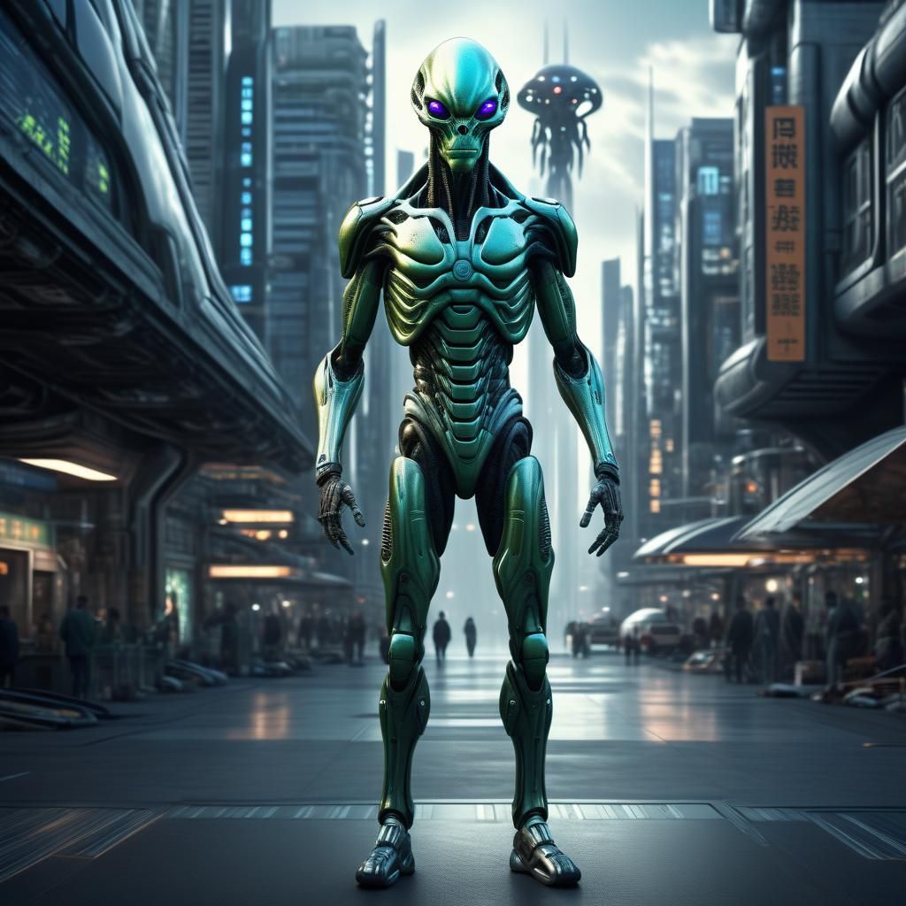 Hyperrealistic Alien Cyborg in Sci-Fi Cityscape
