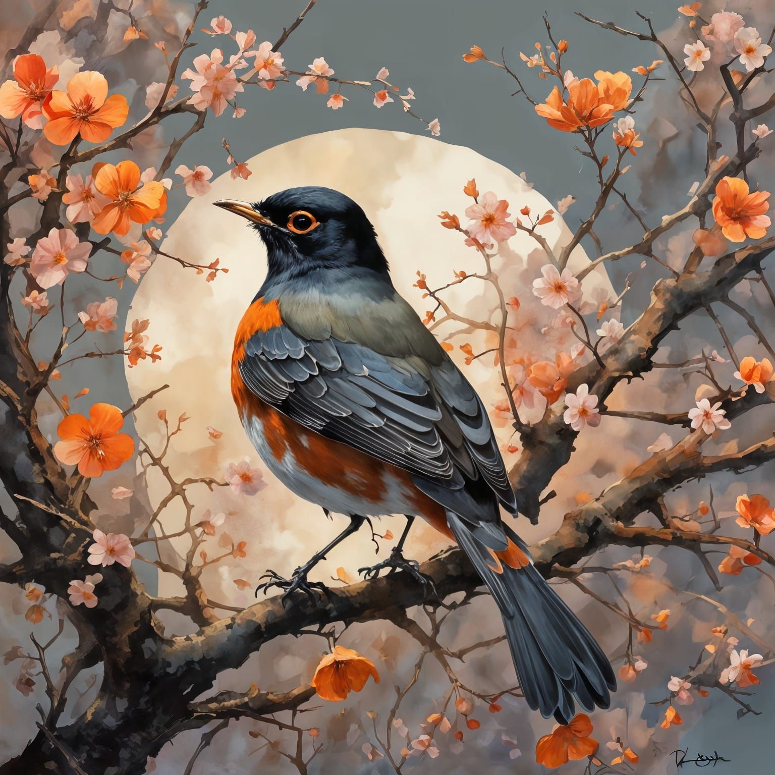 Surreal Cherry Blossom Scene with an American Robin in Whims...