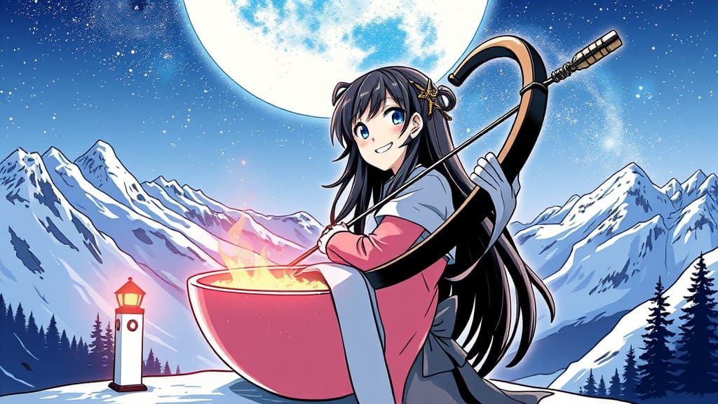 Anime Sagittarius Girl in Swiss Alps Ink Drawing