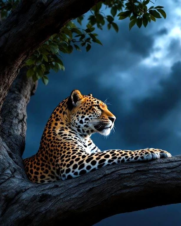 Leopard Portrait in Tree During Storm
