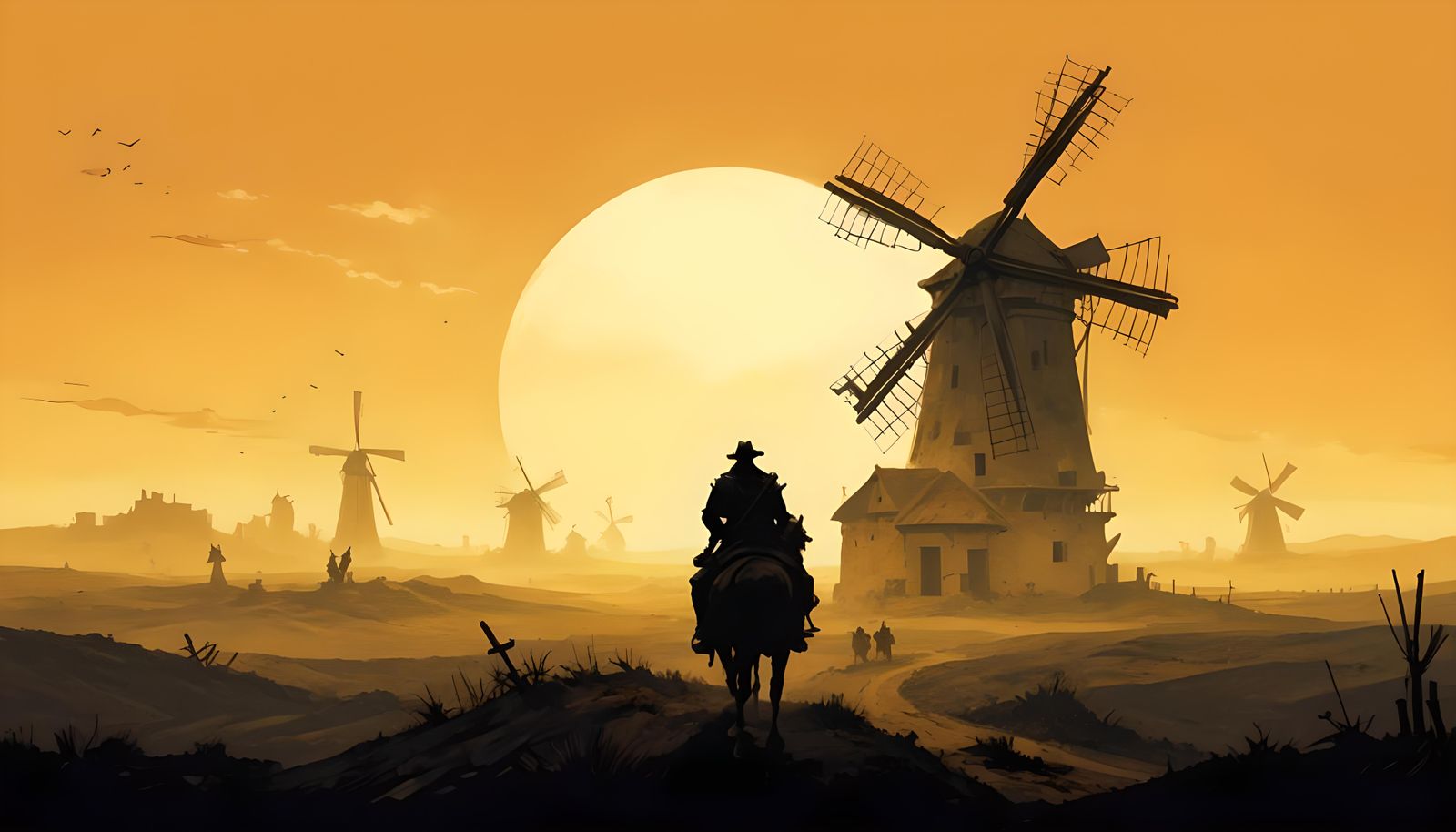 Don Quixote's Windmills: A Classical Painted Scene