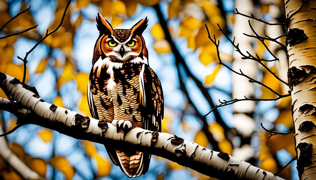 Great Horned Owl perched on a birch tree branch