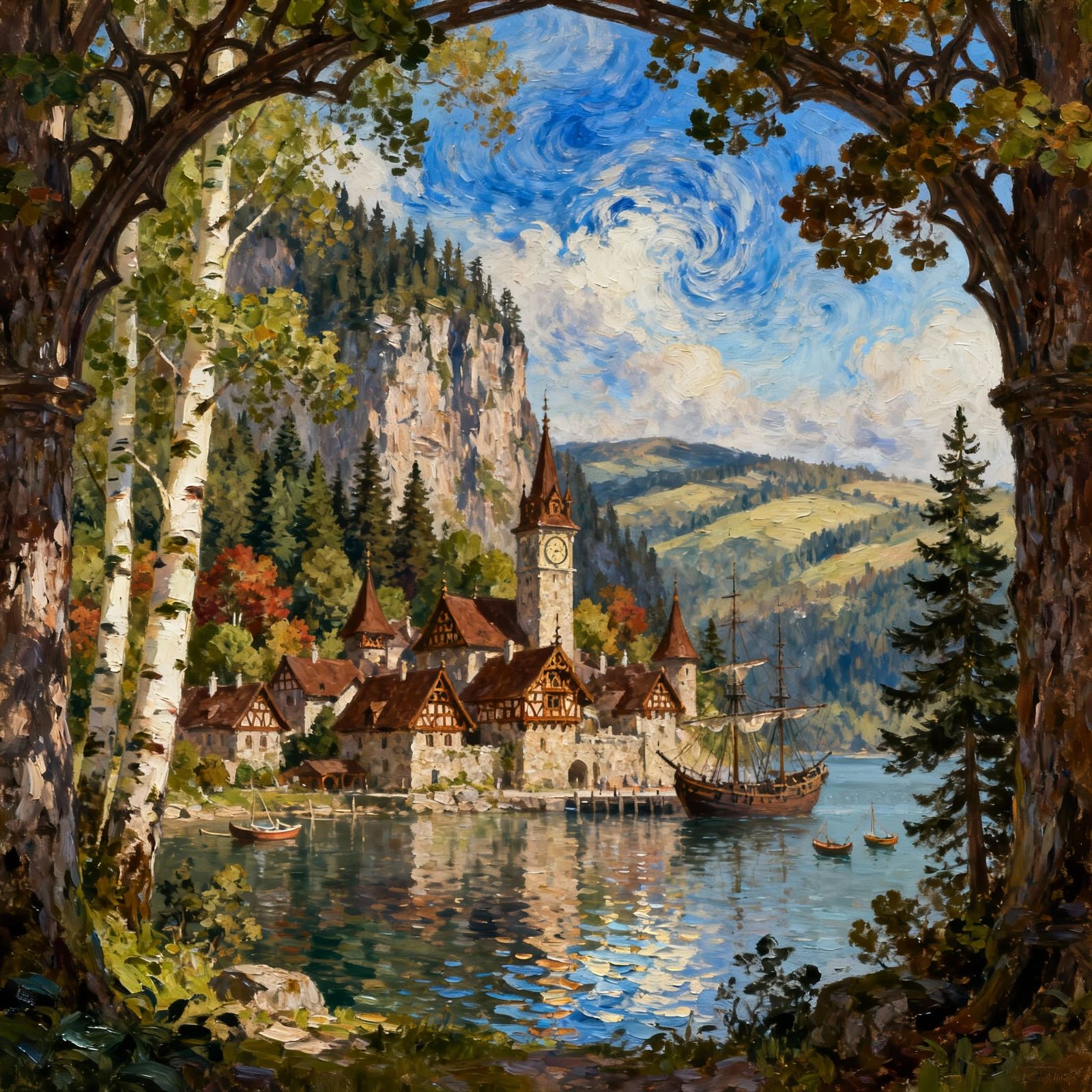 Impressionist Fantasy Painting of Medieval Village and Lake